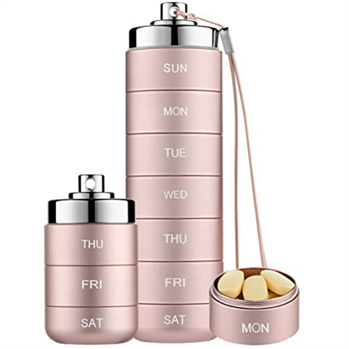 Metal Pill Organizer Weekly,Stackable Waterproof Travel Box,Pill Case Container,7 Day Daily Medicine Pink
