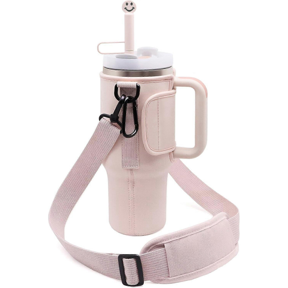 (40oz, Rose Quartz) Water Bottle Carrier Bag Compatible with Stanley 30/40oz Tumbler with Handle, Water Bottle Holder with Adjustable Shoulder Strap & Straw Cover for Hik