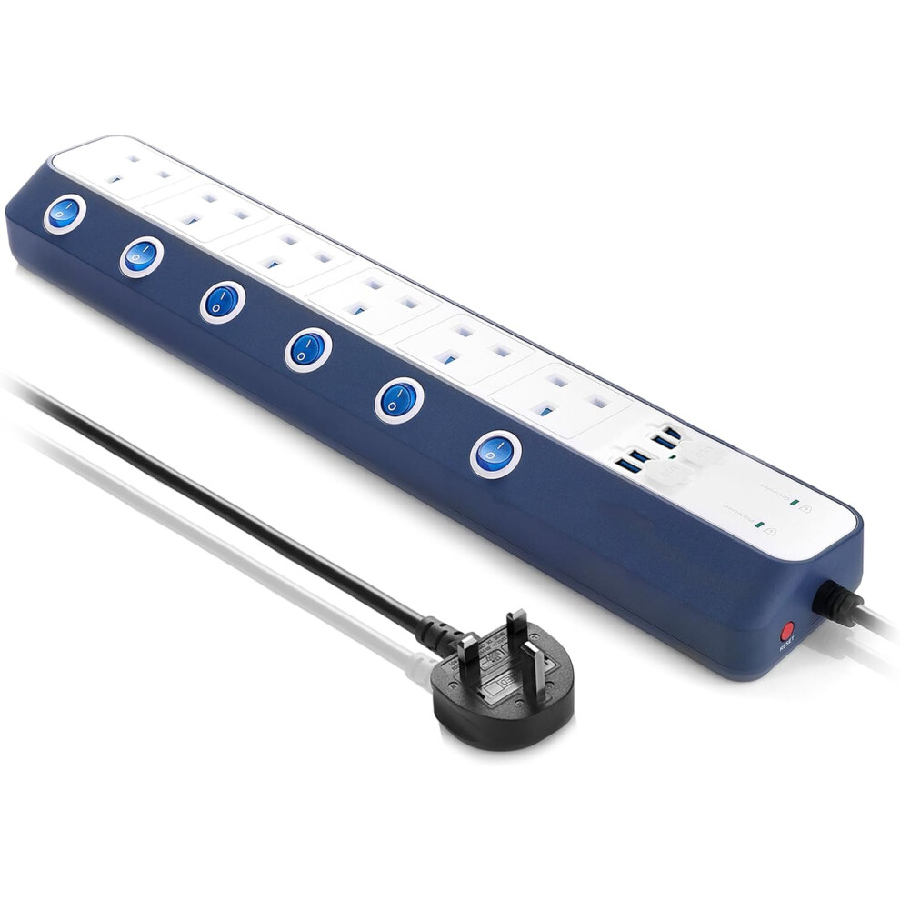 (White) Surge Protection Extension Cord, 1.8M 6-Way Individually Switched Power Strip Socket