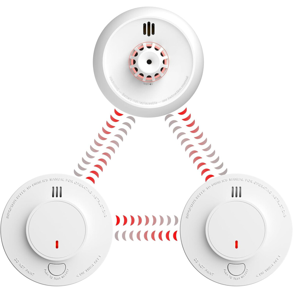 (2 Smoke Alarms & 1 Heat Alarm Bundle) Wireless Interlinked Smoke Alarms and Heat Alarm Scotland Bundle, 1 Heat Alarm & 2 Smoke Alarms, Sealed 10-Year Lithium Battery, EN 14604 Standard