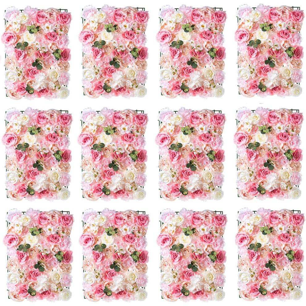 (2, Pink & White) 2 PCS Flower Wall Panel 60cm x 40cm White and Pink Artificial Roses Artificial Flowers Backdrop