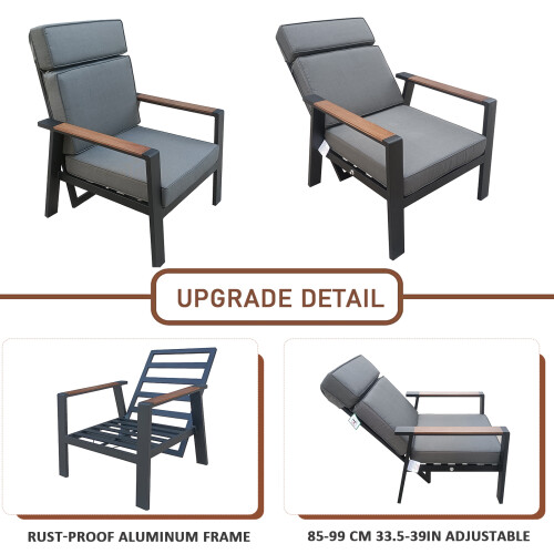 (4 Recliner) 4 Seater Aluminum Patio Firepit Table Dining Set 2