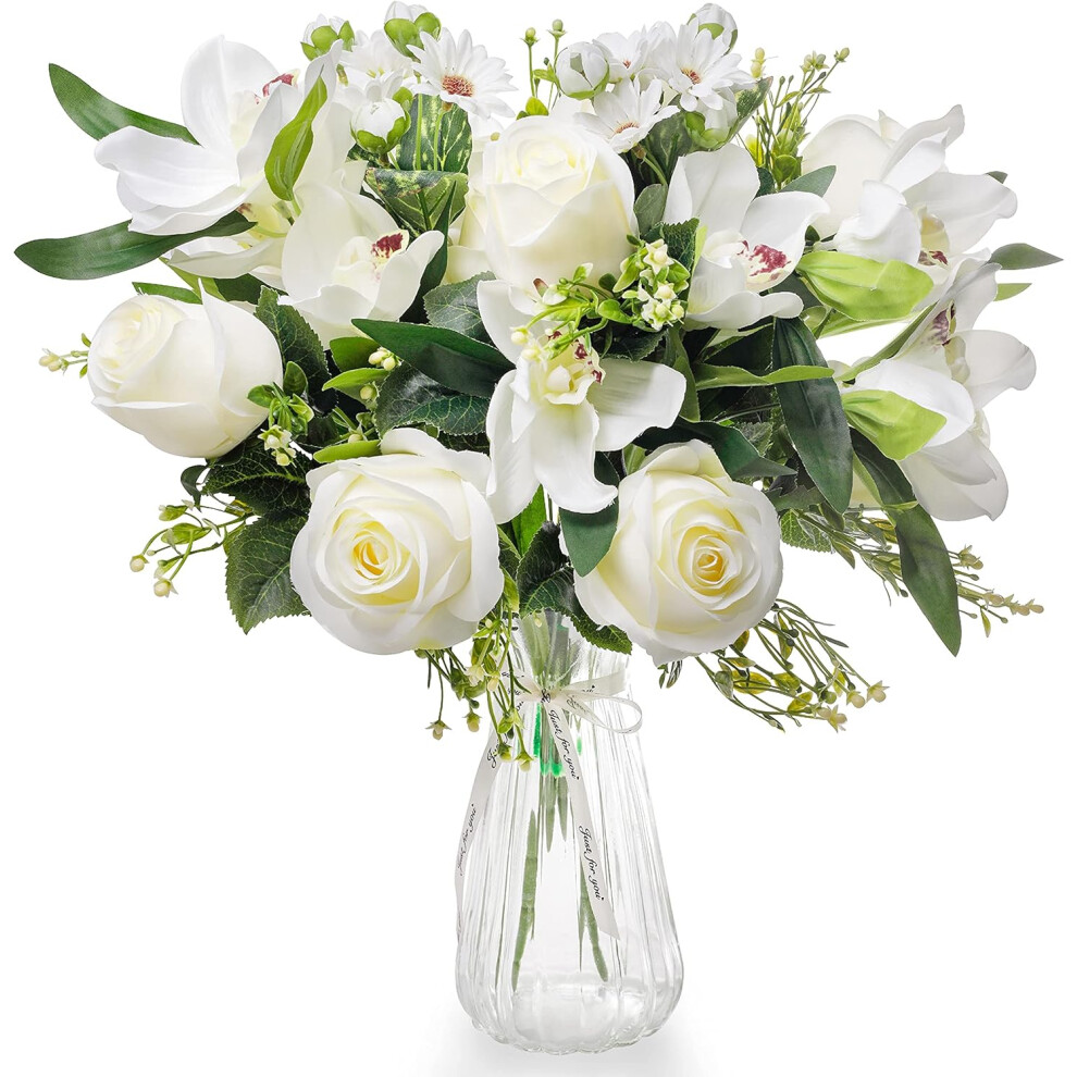 (White, Green) Silk roses and orchids in clear vases with ribbons