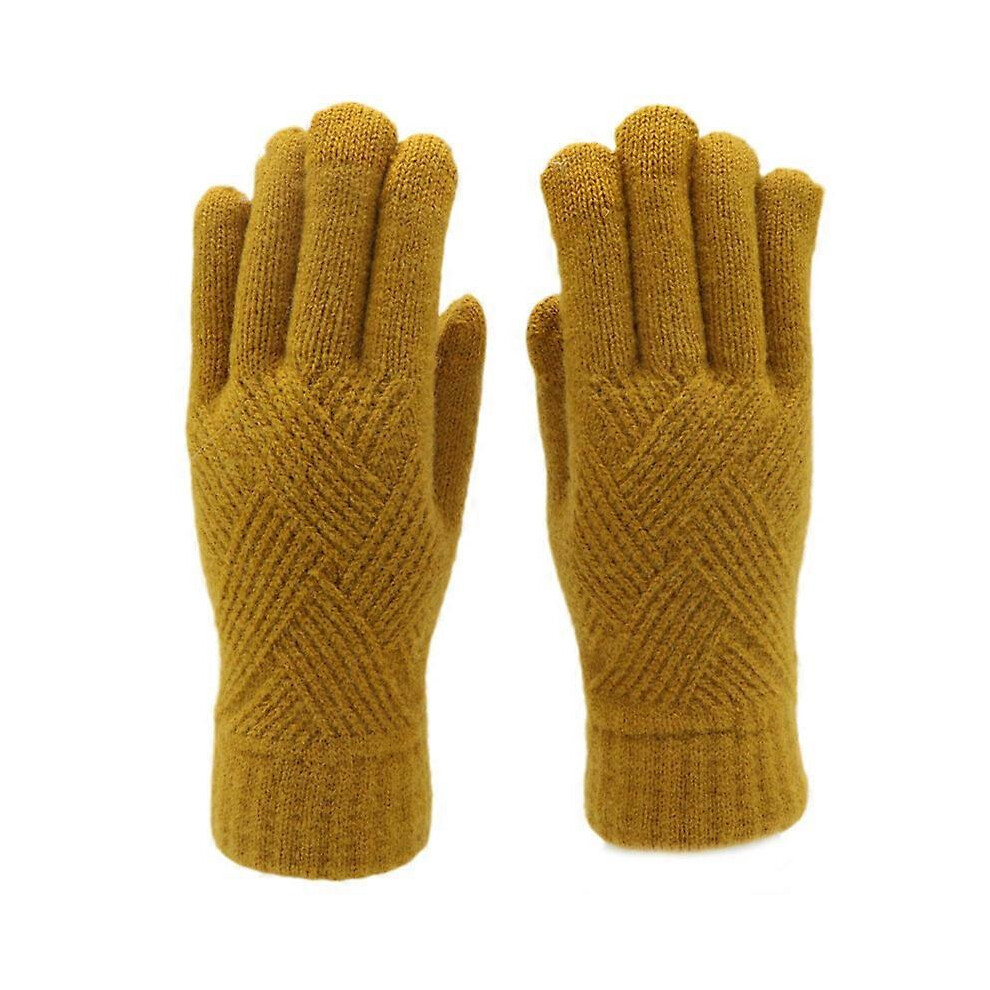 (Yellow) Couple Winter Knitted Touch Screen Warm Split Finger Cycling Gloves (Yellow) (D-583-A) Yellow