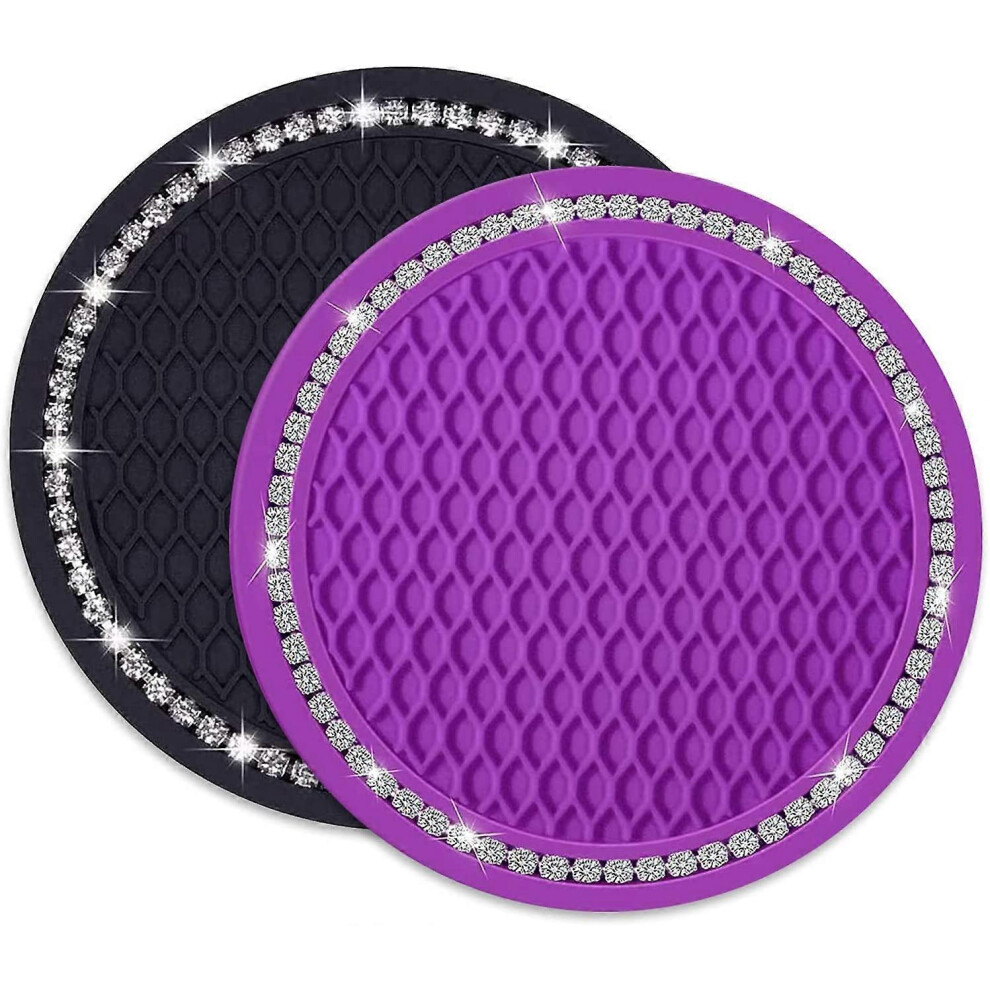 2 Pack Car Coasters, 2.75 Inch Silicone Anti Slip Crystal Cup Pad For Most (+Purple) (D-583-A) Black/Purple