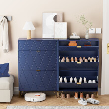 (Blue) UEV Tilting Shoe Cabinet, Shoe Rack for 16 Pairs