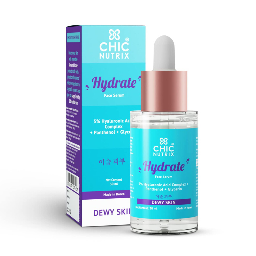 Chicnutrix Hydrate Face Serum 30mL | 5 Hyaluronic Complex with Glycerin & Panthenol | Instant Hydration, Dewy Sipple & Smooth Skin | Korean Skincare