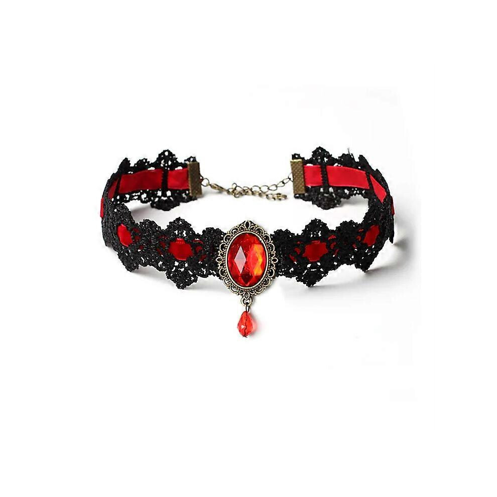 (Red) Halloween Party Handmade Crystal Lace Necklace (Red) 1 Pieces (D-583-A) Red