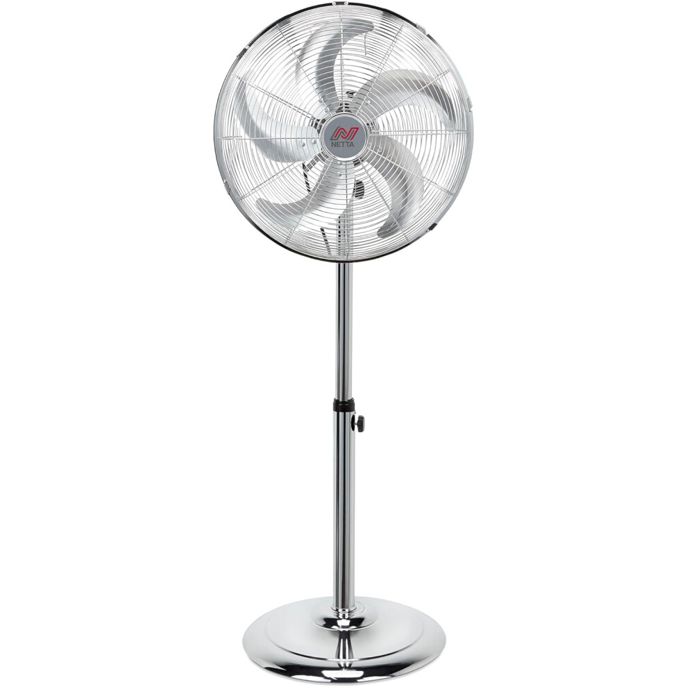 (16 Inch) 16 Inch Metal Pedestal Floor Fan, Chrome Standing Fan With 5 Blades, Oscillating Function, 3 Speed Settings, Adjustable Height, Silent Operation