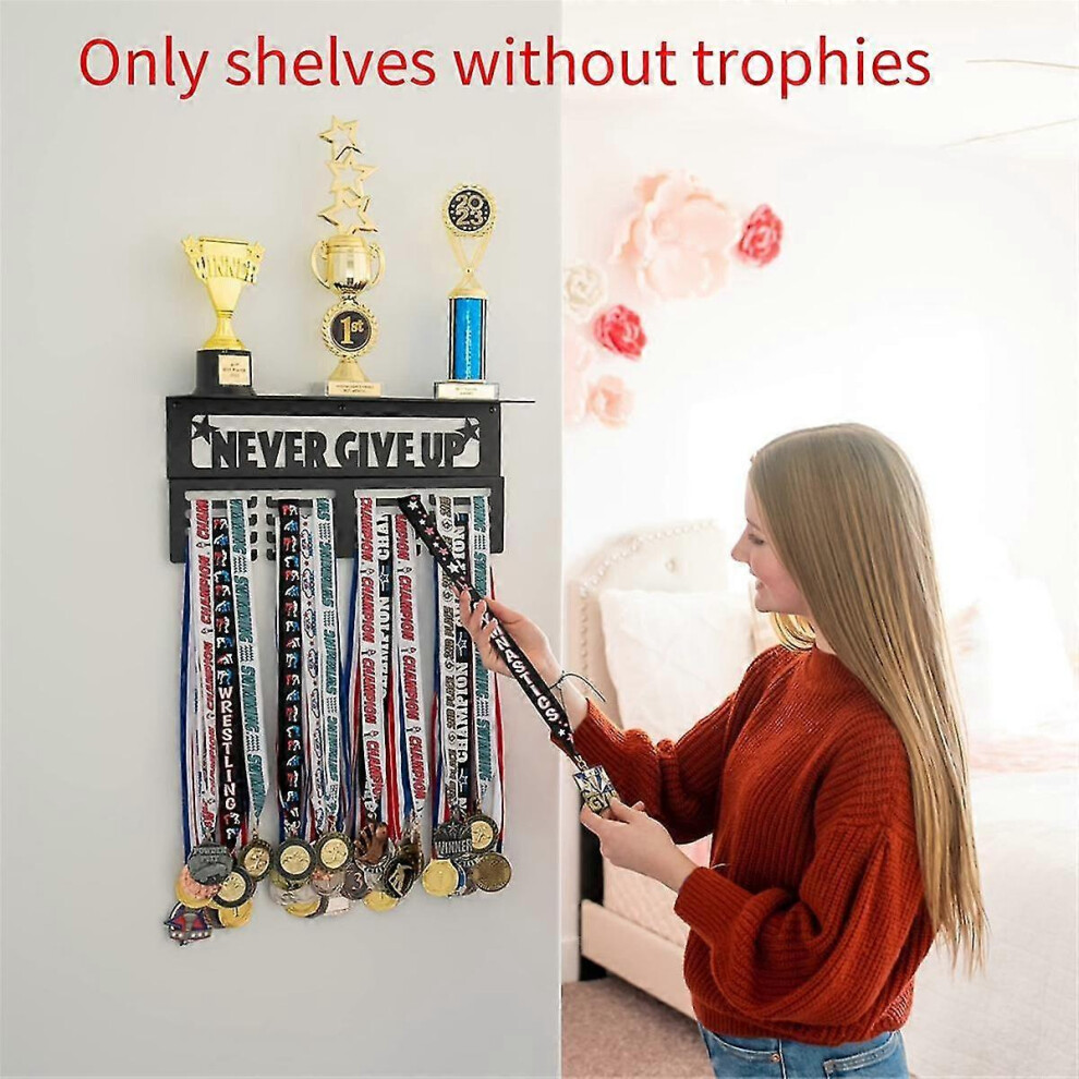 Never Give Up Medal Hanger Display with Shelf - Easy Install Carbon Steel Trophy and Medal Display