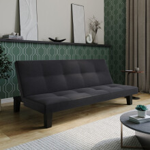 (Black - Fabric) 2/3 Seater Folding Sofa Bed Upholstered Couch Futon Settee Love Seat Wooden Legs