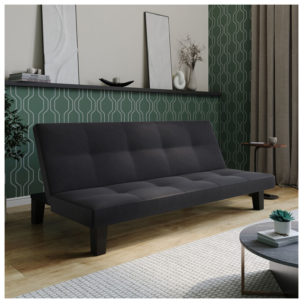 (Black - Fabric) 2/3 Seater Folding Sofa Bed Upholstered Couch Futon Settee Love Seat Wooden Legs