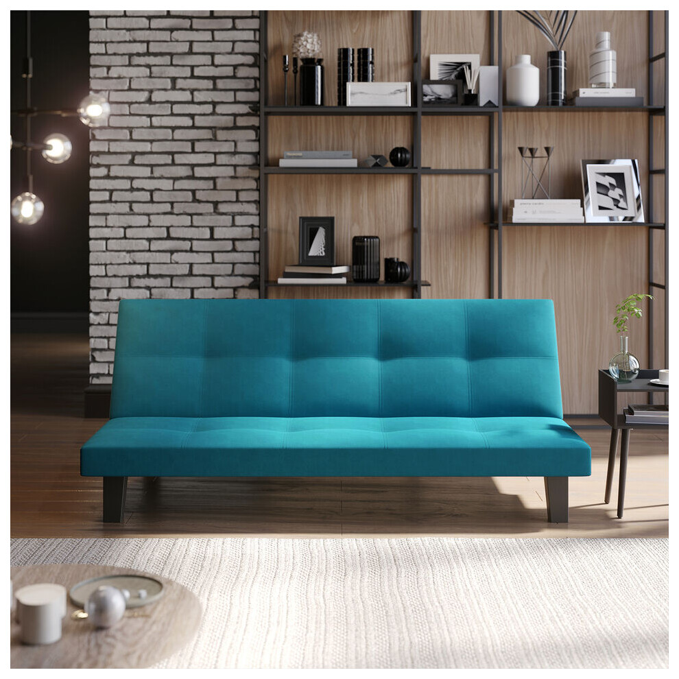 (Teal Fabric) 3 Seater Folding Sofa Bed Upholstered Couch Futon Settee Love Seat Wooden Legs