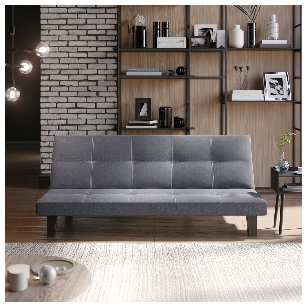 (Grey Fabric) 3 Seater Folding Sofa Bed Upholstered Couch Futon Settee Love Seat Wooden Legs