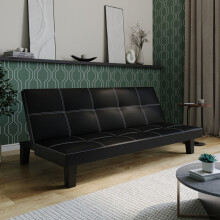 (Black PVC) 2/3 Seater Folding Sofa Bed Upholstered Couch Futon Settee Love Seat Wooden Legs