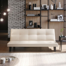 (Cream PVC) 2/3 Seater Folding Sofa Bed Upholstered Couch Futon Settee Love Seat Wooden Legs