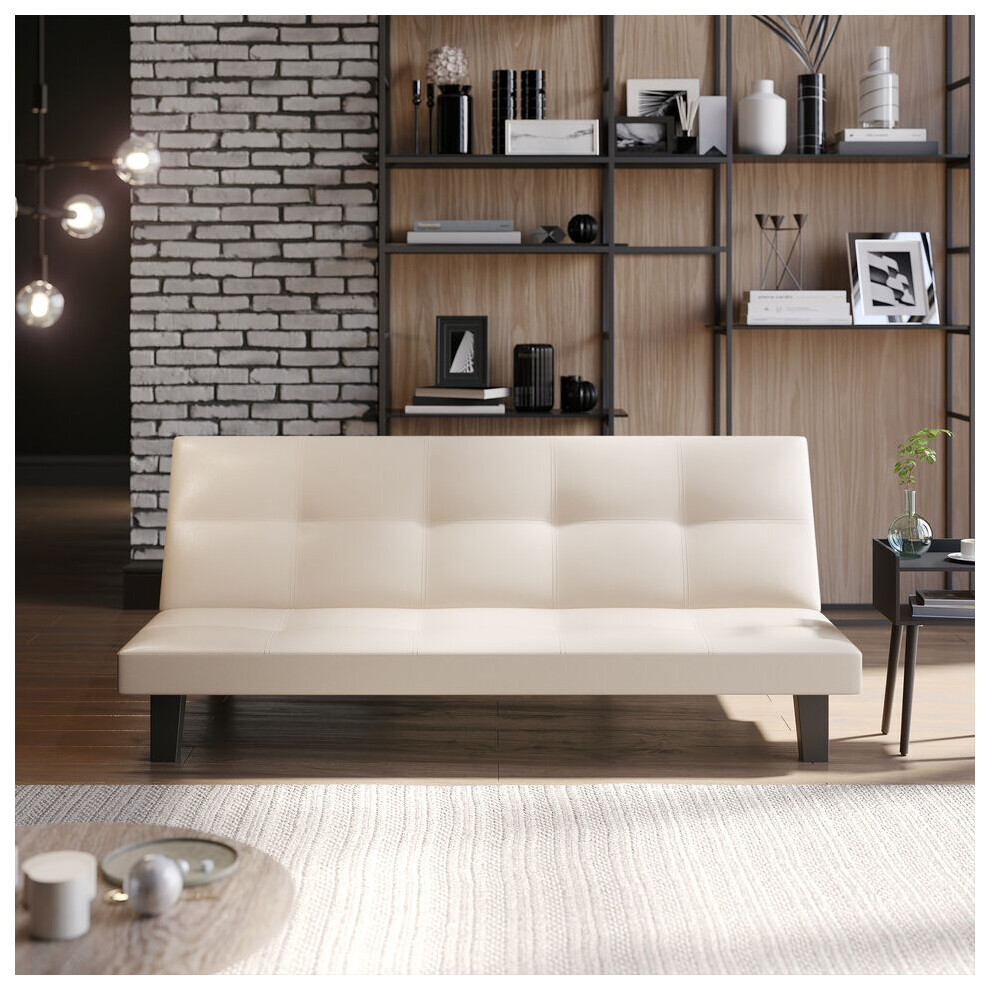 (Cream PVC) 3 Seater Folding Sofa Bed Upholstered Couch Futon Settee Love Seat Wooden Legs