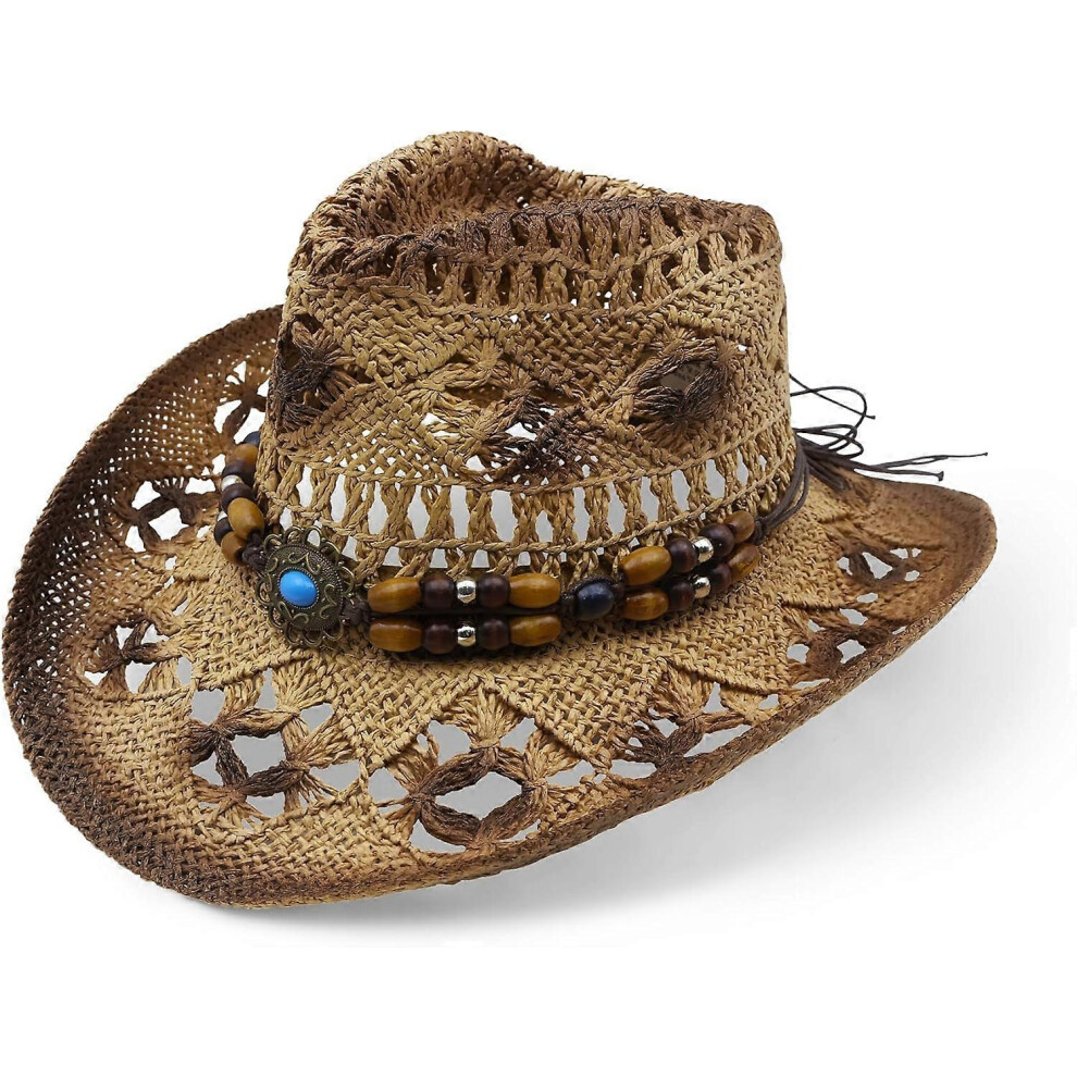(Medium, Brown) Straw Cowboy Hat for Women Western Cowboy Hat with Wide Brim Breathable Cowgirl Hat for Summer Beach