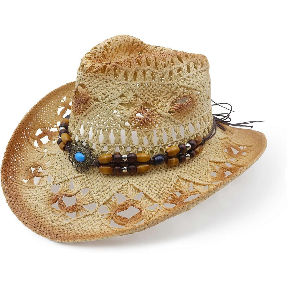 (Medium, Beige) Straw Cowboy Hat for Women Western Cowboy Hat with Wide Brim Breathable Cowgirl Hat for Summer Beach