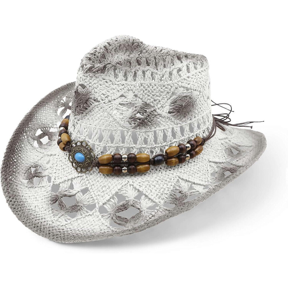 (Medium, White) Straw Cowboy Hat for Women Western Cowboy Hat with Wide Brim Breathable Cowgirl Hat for Summer Beach