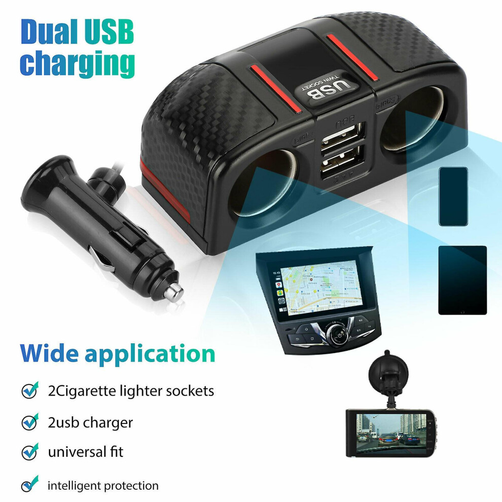 Car Cigarette Lighter Socket Dual USB Charger Splitter 12V Outlet Power Adapter