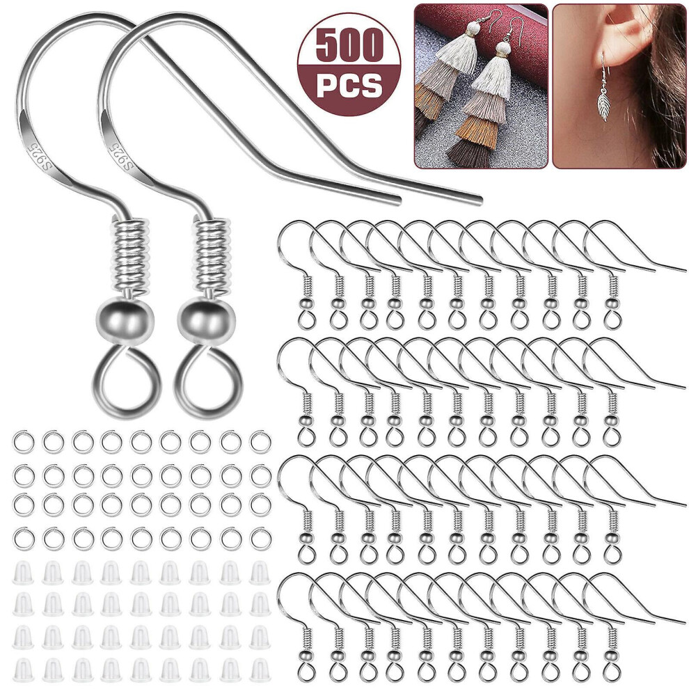 500PCS 925 Silver Earring Hooks DIY Jewelry Beads Ear Wires Making Findings Kit