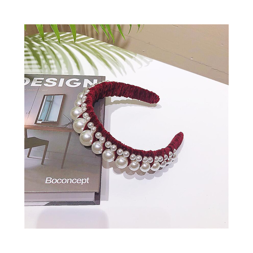 (Red) Women's Velvet Headband Hairband Pearl Hair Band Accessories Prom Wedding Show