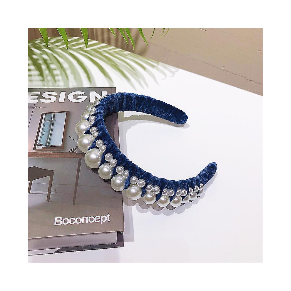 (Blue) Women's Velvet Headband Hairband Pearl Hair Band Accessories Prom Wedding Show