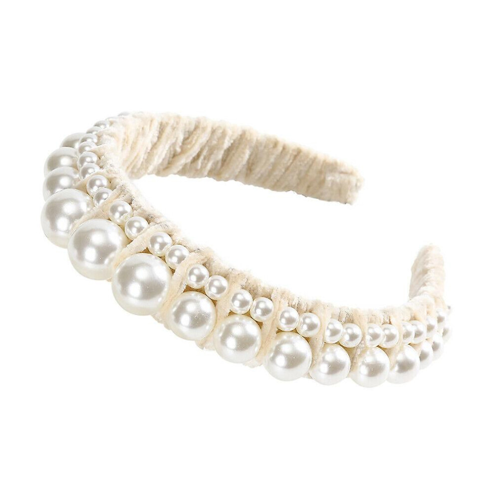 (White) Women's Velvet Headband Hairband Pearl Hair Band Accessories Prom Wedding Show