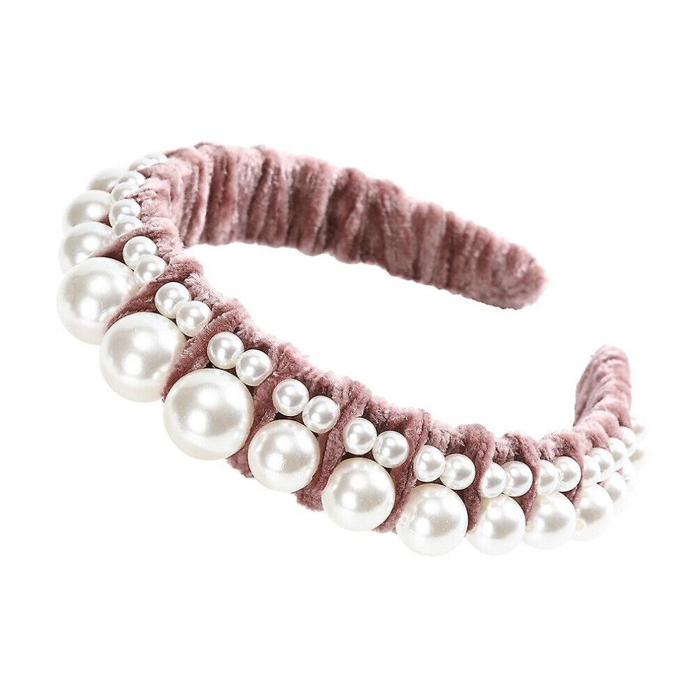 (Pink) Women's Velvet Headband Hairband Pearl Hair Band Accessories Prom Wedding Show