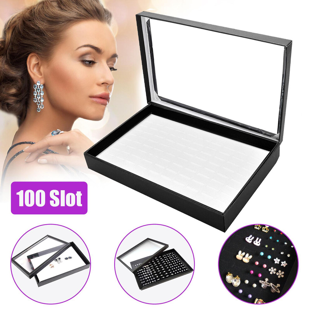 (White) 100 Slots Jewelry Ring Display Organizer Case Tray Holder Earring Storage Box