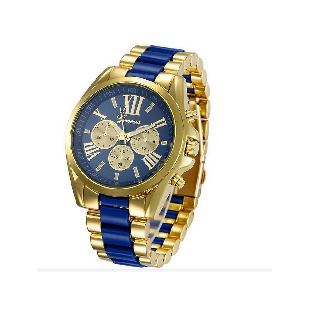 (Blue) Luxury Mens Gold Tone Stainless Steel Band Analog Quartz Wrist Watch Gift
