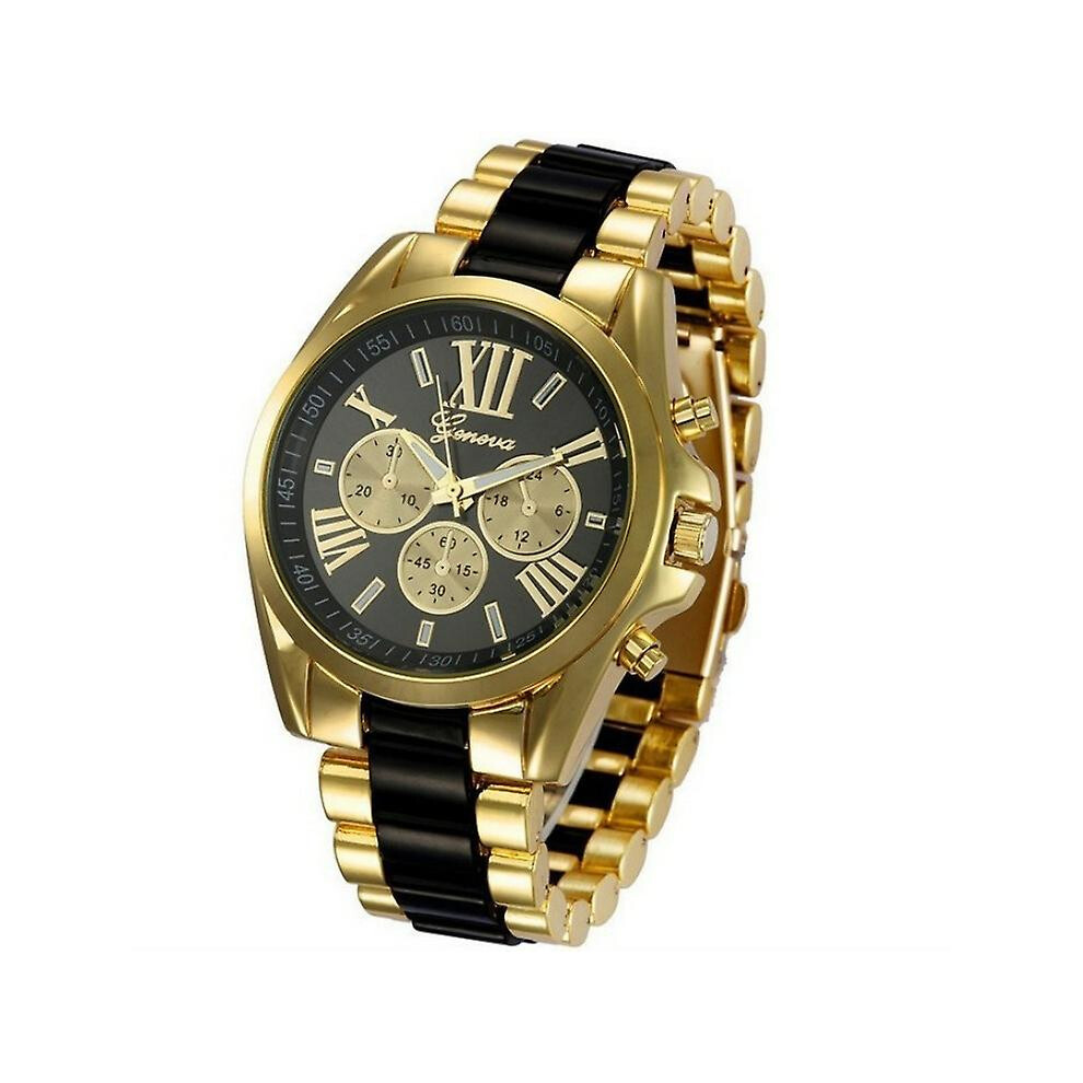 (Black) Luxury Mens Gold Tone Stainless Steel Band Analog Quartz Wrist Watch Gift