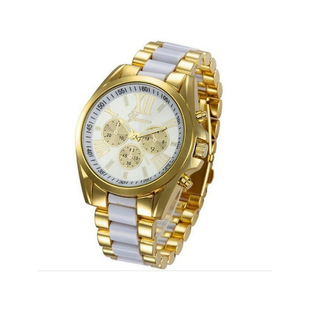 (White) Luxury Mens Gold Tone Stainless Steel Band Analog Quartz Wrist Watch Gift