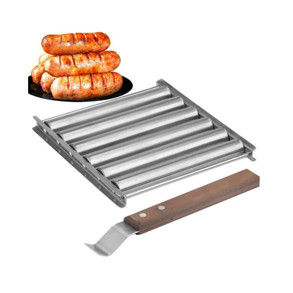 BBQ Hot Dog Roller Stainless Steel Sausage Roller Rack with Long Wood Handle