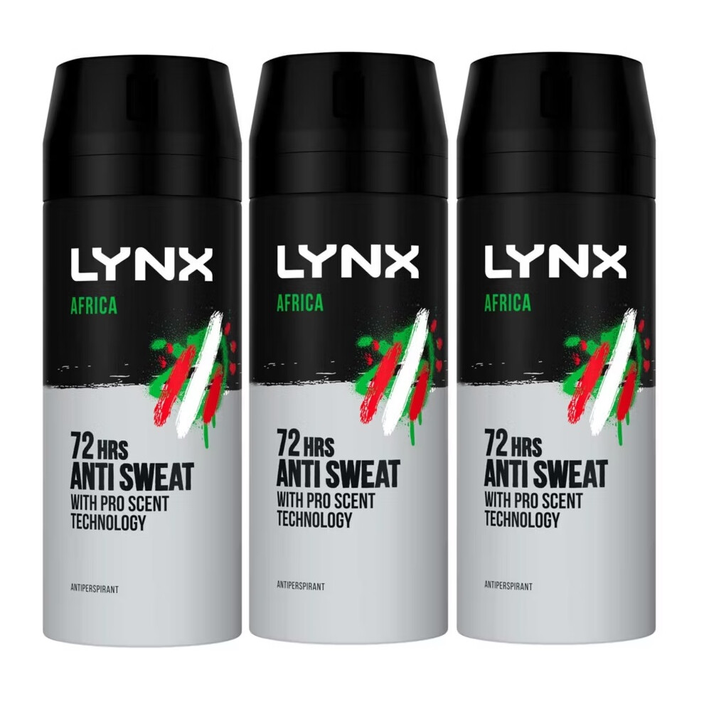 3 x Lynx 72hrs Anti Sweat Anti-Perspirant Body Spray 150ml - Africa