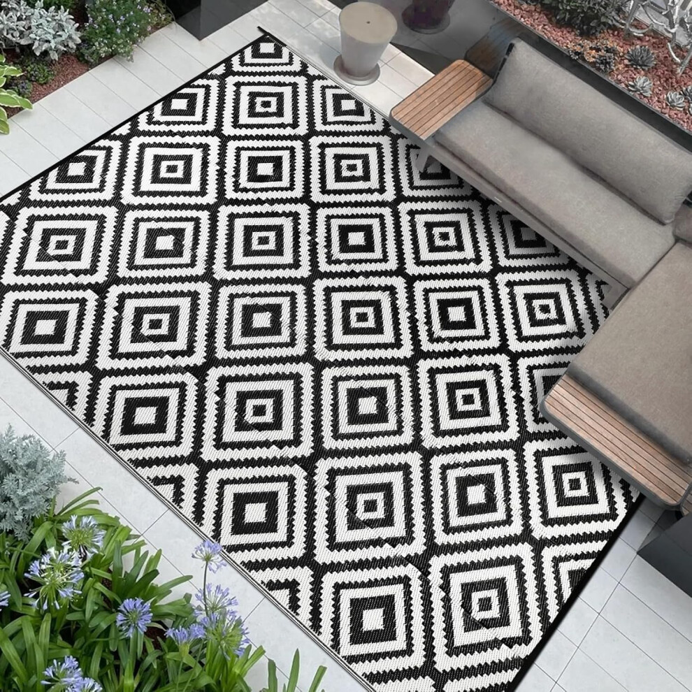 (180 x 270 cm (Rectangular), Black and White) Outdoor Carpet for Patio Waterproof 180 x 270cm Large Garden Carpet Reversible Plastic Straw Mat Portable Camping Mat Picnic Blanket Outdoor Carpet
