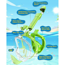 (Green, One size) Kids Snorkel Mask Full Face, Snorkeling Gear With Camera Mount, 180 Degree Panoramic View Snorkeling Set Anti-fog Anti-leak GMG