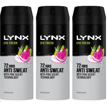 3 x Lynx 72hrs Anti Sweat Anti-Perspirant Body Spray 150ml - Epic Fresh