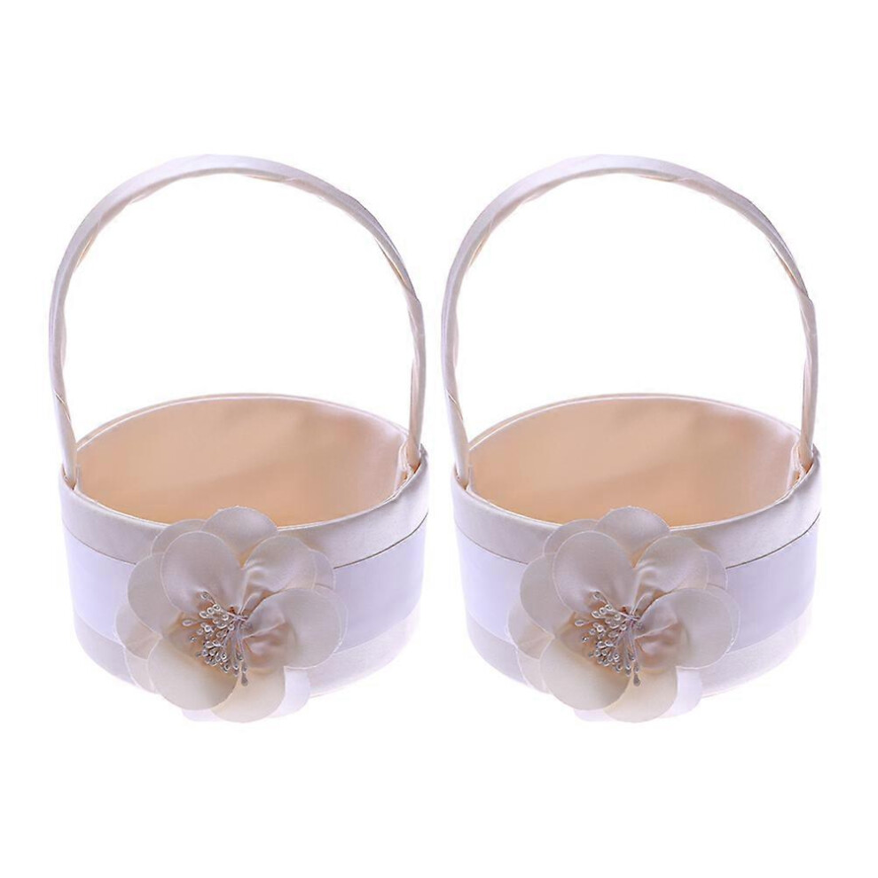 Kricely (As Show, One Size) Pack Of 2Pcs Delicate Round Champagne Satin Wedding Flower Girl Basket Floral Bridal Petals Basket Decoration