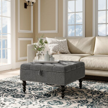 Square Tufted Linen Storage Ottoman