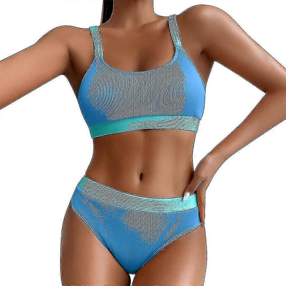 (XL, Lake Blue) Womens Summer Ribbed Color Block Bikini Swimwear Ladies Swimsuit Bathing Suit Beachwear-image-OPC-PG77Y2F-NEW