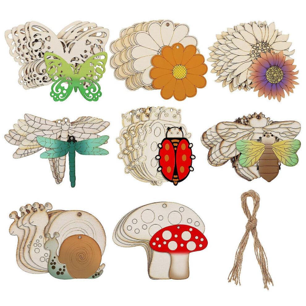 Kricely (As Show, One Size) 40Pcs Unfinished Wooden Crafts Wooden Animal Cutouts Hanging Wooden Slices Diy Painting Crafts With Jute Ropes