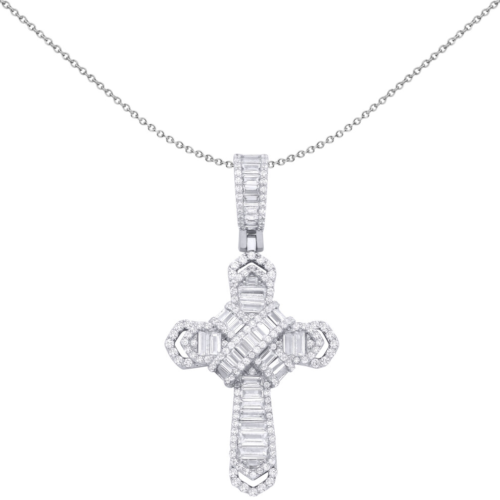 Jewelco London Unisex Rhodium Sterling Silver Baguette CZ Criss Cross Bandolier Chevron Cross Pendant Necklace - GVX104