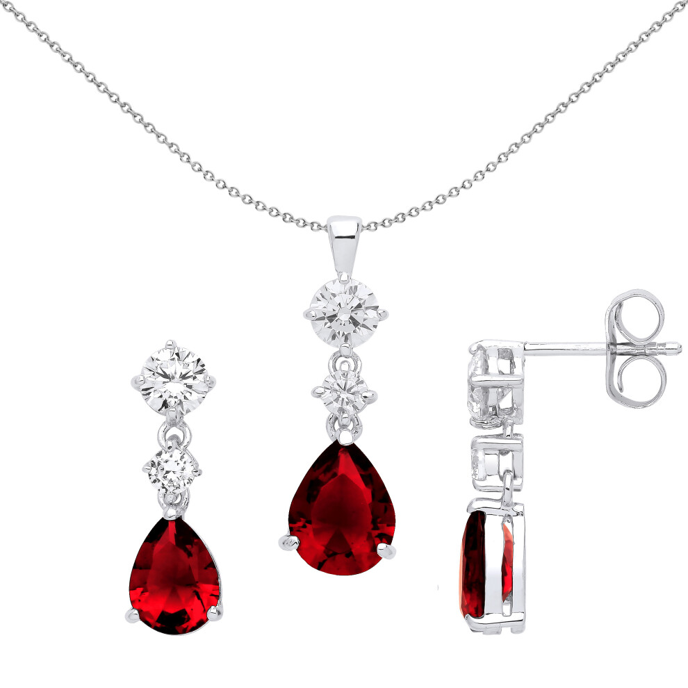 Jewelco London Ladies Rhodium Sterling Silver Ruby Red Pear CZ Trilogy Tears of Joy Drop Earrings Necklace Set - GSET630RU