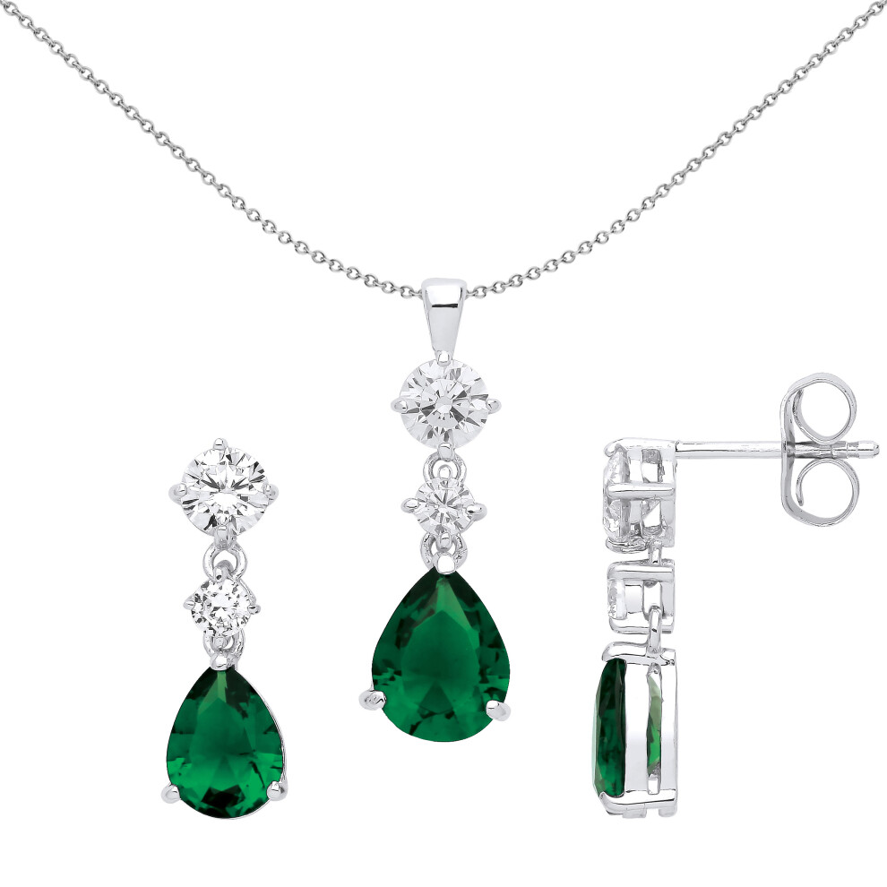 Jewelco London Ladies Rhodium Sterling Silver Emerald Green Pear CZ Trilogy Tears of Joy Drop Earrings Necklace Set - GSET630EM