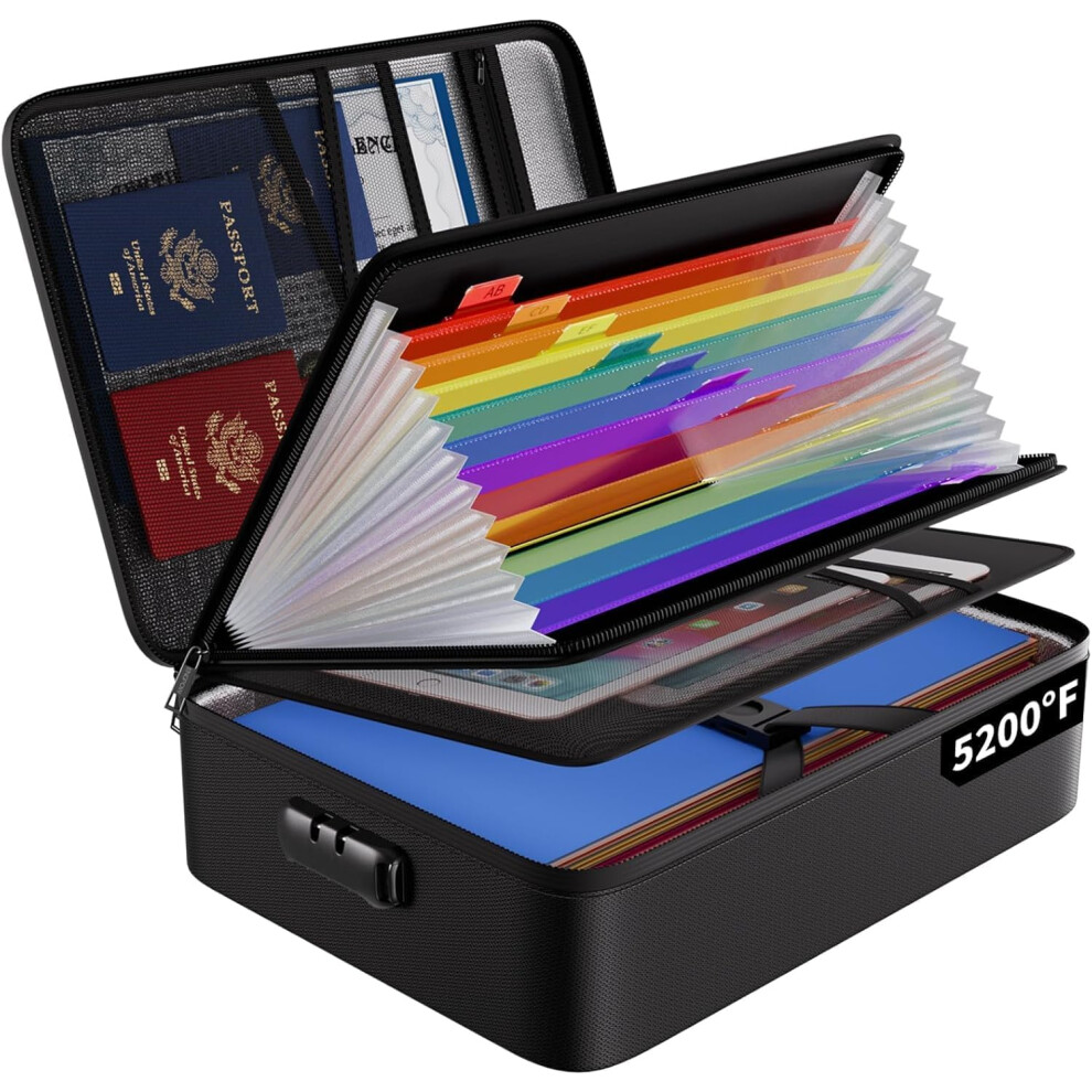 (Black colorful) Fireproof Document Box 5200 File Organiser with Lock Waterproof and Fireproof Document Storage