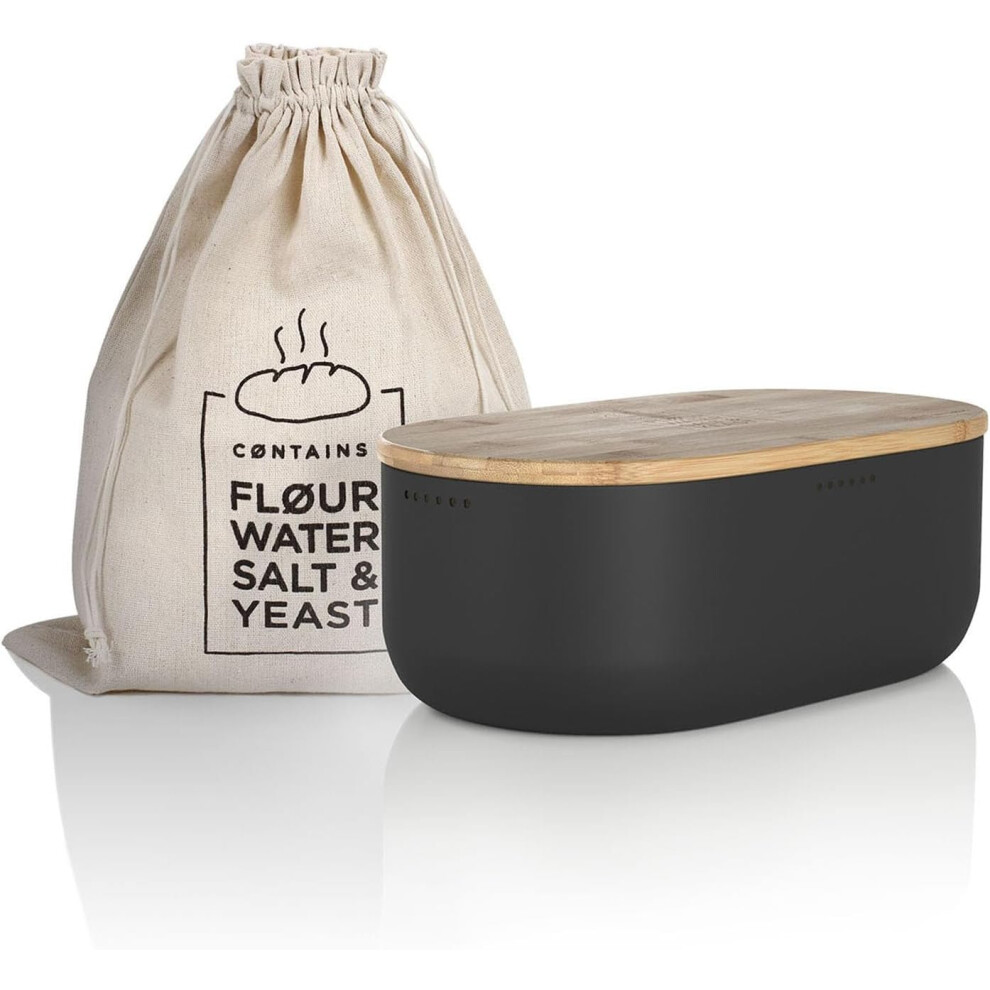 (Carbon Black) Bread Box I Metal bread box with linen bag for long lasting freshness I Baked goods Bin