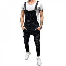 (L, Black) Mens Denim Ripped Overalls Jeans Dungarees Jumpsuits With Pockets HQJ