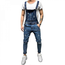 (2XL, Dark Blue) Mens Denim Ripped Overalls Jeans Dungarees Jumpsuits With Pockets HQJ